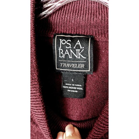 .Jos A Bank Traveller 100% Merino wool mock neck Mens Sweater  Sz L Burgundy EUC - Picture 2 of 7